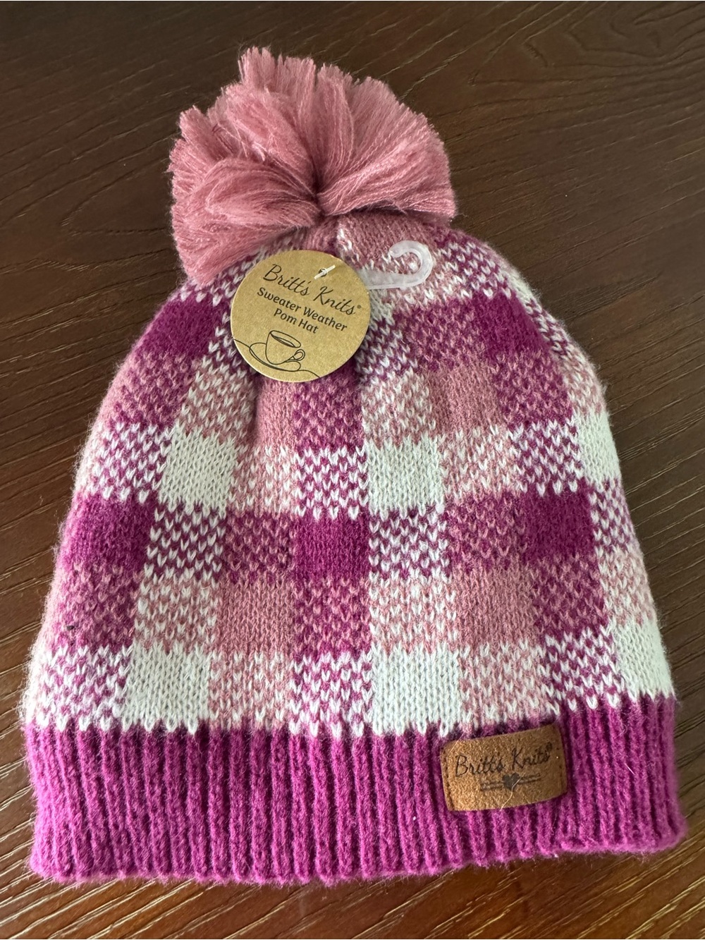 NWT Pink Plaid Check Pom Pom Womens Beanie Winter Hat
